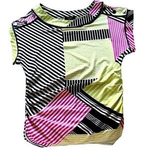 NWOT Womens Geo Print Striped Woven Top Silver Shoulder Buttons Gathered Waist S